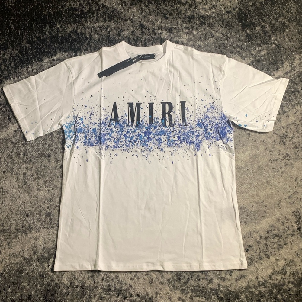 Amiri Black Logo Blue Painted Splatter T-Shirt White Mens Size Large